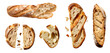 Baguette French bread, sliced torn broken piece top view on transparent background cutout, PNG file. Many assorted different design angles. Mockup template for artwork

