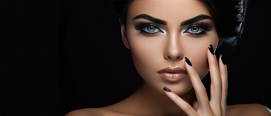 Close-up of a woman with makeup, painted lips, perfect manicure and painted nails. Creative banner for beauty salon. 