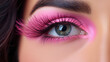 Closeup of woman with makeup, painted black long eyelashes. Creative banner for beauty salon or master of false eyelash extensions.