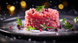 Commercial photography of raw tuna tartar with greens. Fresh tartar from the chef, elegantly decorated, close-up. Photo for restaurant menu. 