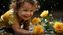 Happy Toddler Playing With Water And Yellow Roses