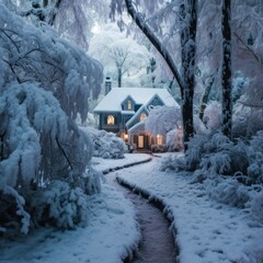 Canvas Print - A snowy path leads to a house in the woods, AI