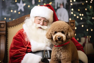  Santa Claus with golden poodle puppy pet photo shoot at Christmas holiday