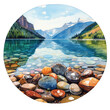 Watercolor illustration of Lake McDonald in Glacier National Park Montana, with famous colored pebbles and rocks
