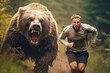 man hurriedly running away from a bear in a survival situation, underscoring the dangers of wildlife encounters in the wilderness.