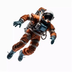 Fully clothed astronaut flying in zero gravity, on an isolated white background