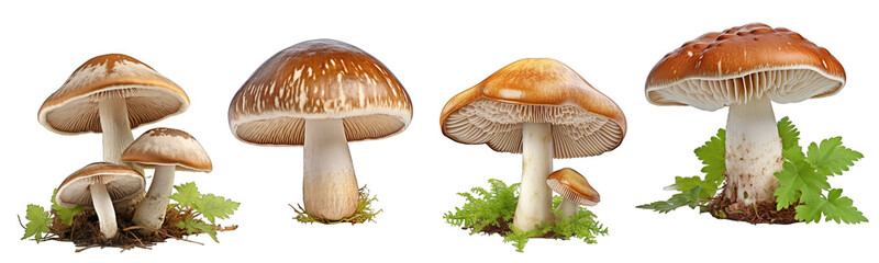 Wall Mural - Collection of forest mushrooms on a white or transparent background generative ai