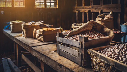 Organically produced and harvested vegetables and fruits from the farm. Dry beans in wooden crates and sacks. Stored and displayed in the warehouse