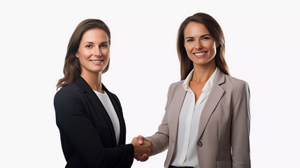 Wall Mural - Middle aged business women manager shaking hands with client on isolated white background 