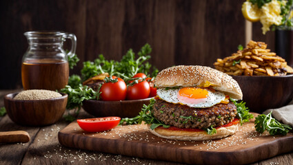 Wall Mural - Juicy appetizing burger sesame seeds, a cutlet, fried egg and vegetables