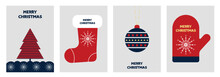 Merry Christmas And Happy New Year Vertical Flyer Or Poster Template, Card. Modern Trendy Minimal Style. Christmas Tree,  Ball, New Year's Stocking, Mitten, Snowflakes. Vetor Illustration, EPS 10.