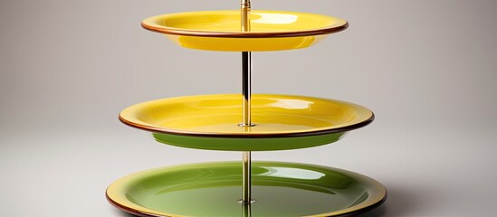 Poster - A vintage serving dish in a mid century modern style features three tiers with plates glazed in yellow and a stem made of green bakelite The handle is a brass ring perfect for elegantly serv