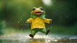 A frog in a raincoat and boots splashing in puddles, anthropomorphic animals, blurred background, with copy space