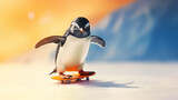 A penguin waiter sliding on ice to deliver drinks, anthropomorphic animals, blurred background, with copy space