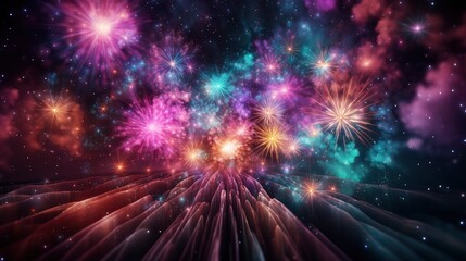 Wall Mural - Purple Firework Celebrate Anniversary Happy New Year, Bright Background, Background Hd