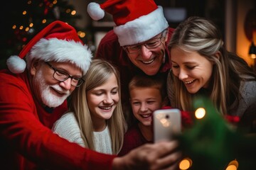 A cheerful Christmas video call with family members of diverse ages and backgrounds, uniting virtually to exchange holiday greetings and smiles.