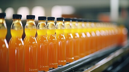 Wall Mural - Automatic line for packing juices into glass or plastic containers.  Beverage production. Bottling plant. Bottles on a factory conveyor belt. Illustration for cover, banner, brochure or presentation.