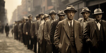 Street Scene, Great Depression, 1930s, Bread Line, Men In Worn Suits And Hats, Subtle Grain, Dusty Atmosphere