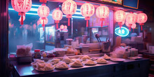 Vaporwave Aesthetics, Chinese Dumpling Stand Illuminated By Neon Lights, Glitch Effects, Pastel And Neon Color Palette