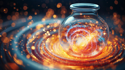Wall Mural - vibrant explosion of collagen particles, spiraling out from a glass jar, surrealistic 3d art, illumi
