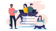 Student and education group - Team of people studying and doing school work using computers and sitting on stack of books. Flat design vector illustration with white background