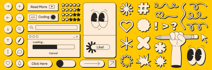 Fototapete - User interface in retro neobrutalism style. Elements for UI UX design. Naive palayful shapes and face. Monochrome elements on a yellow background. Vector illustrations.	