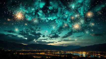 Wall Mural - Green Firework Celebrate Anniversary Happy New year, Bright Background, Background Hd