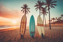 Surfboards On A Sandy Beach With Palm Trees In The Background. Pastel Sunset Colors, Retro Style. Generative AI