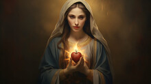 The Blessed Virgin Mary With A Red Rose In Her Hands. Immaculate Heart Of The Holy Mary - Nativity Scene.