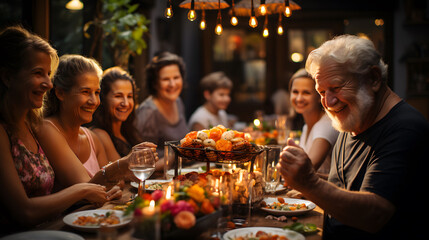 Group of friends having dinner together at a rooftop party. Men and women sitting at the table and eating.	