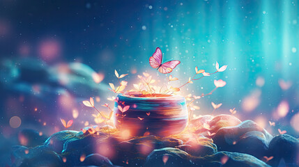 Wall Mural - fairy tale blooming girly background nature enchanted butterfly - by generative ai