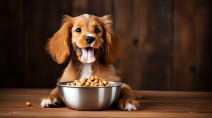 Wall Mural - Dog with food in bowl. Pets food concept. Dry food in granules