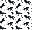Vector seamless pattern of hand drawn horses silhouette isolated on white background