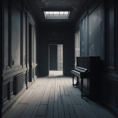 Wall Mural - Dark hallway of an uninhabited house with a piano