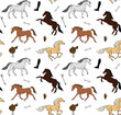 Vector seamless pattern of hand drawn sketch doodle colored horses isolated on white background