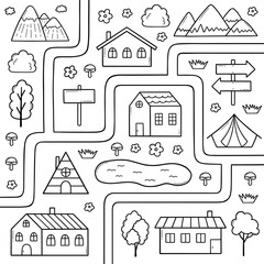 kids camping map doodle. village map with mountains, forest, roads, house, river, landscape in sketc
