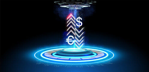 Poster - Vector image presents a futuristic concept of currency exchange, featuring vibrant neon representations of the dollar and euro symbols. symbolizing the digital transformation in the financial sector