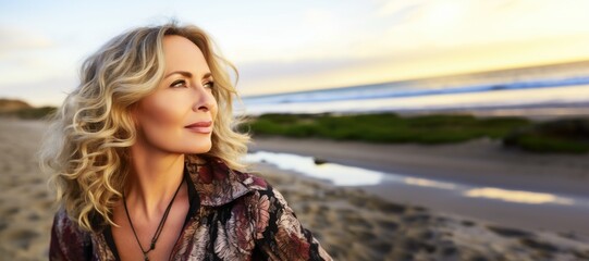 Smiling attractive beautiful caucasian senior mature woman posing at the beach looking away