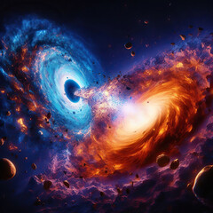 Wall Mural - collision of two galaxies. a black hole attracts matter from the galaxy.