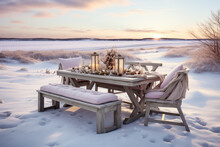 Winter Wooden Outdoor Picnic Table Setting In A Snow Covered Field, Christmas Holiday Season, Tablescape