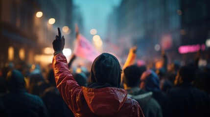 Wall Mural - A person in a red hoodie is raising their hands, AI