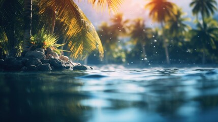 Poster - Tropical island with palm trees and water, AI