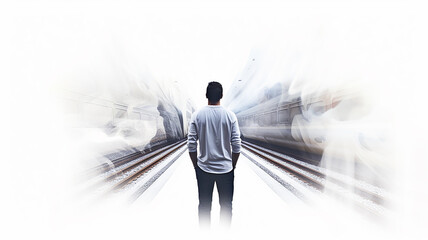 Wall Mural - blurred train movements, a passenger in the flow of urban public transport, an abstract concept of a man against the background of traces of blurred movement