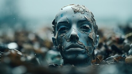 Wall Mural - A man with a blue face and beard is surrounded by debris, AI