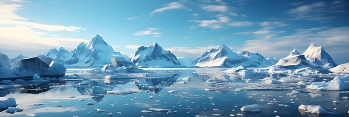 Landscape with mountains, snow and ocean