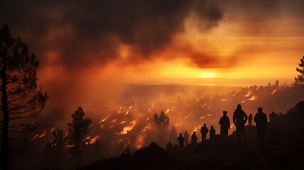 Wall Mural - panorama of a forest fire. a group of silhouettes of people watching the landscape glow of a large wild forest fire, natural disaster cataclysm, climate warming