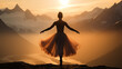ballerina woman in a beautiful skirt on the background of sunset in the mountains, female energy meditation