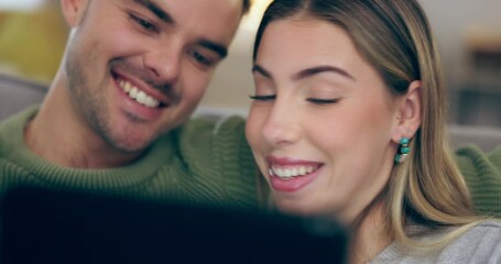 Poster - Tablet, social media and smile with a couple on a sofa in the living room of their home together closeup. Happy, technology or internet with a man and woman browsing or streaming a video on an app