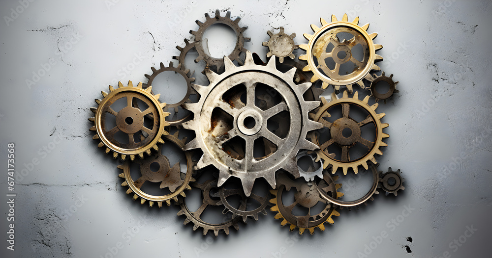 An artistic arrangement of interlocking metal gears and cogs ...