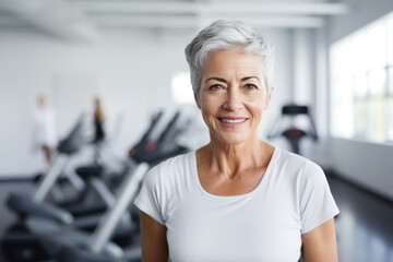 Wall Mural - senior woman happy expression in a gym. fitness teacher concept.